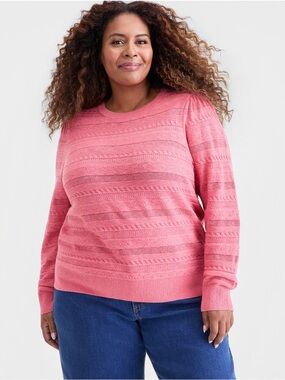 Pointelle Stripe Crewneck Sweater in Pink Classic Chic Preppy NWT